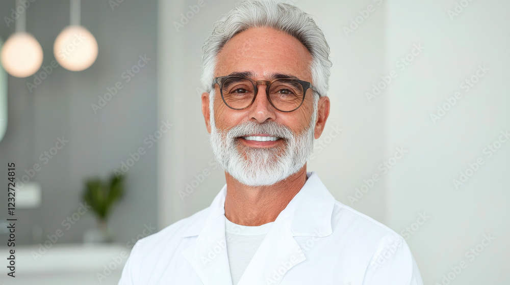 Smiling mature man with gray hair and beard wearing a white lab coat, in a softly lit interior setting. Smiling mature man with gray hair and beard wearing a white lab coat, in a softly lit interior setting.