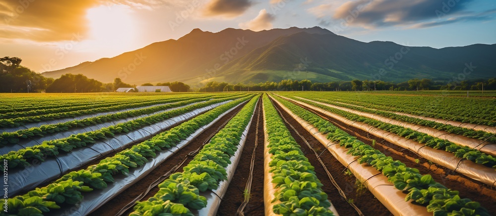 Lush green fields of crops at sunset with mountains in the background, serene landscape Lush green fields of crops at sunset with mountains in the background, serene landscape