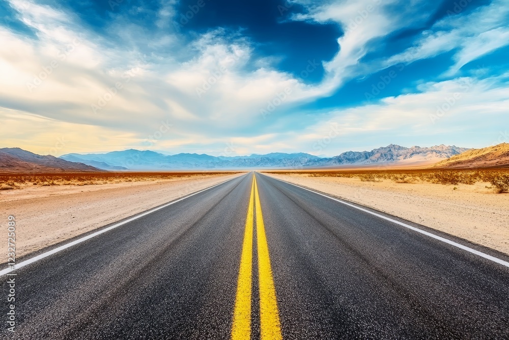 Naklejka premium A long empty road stretching through a desert landscape.