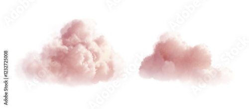 Soft and Fluffy Pink Clouds Isolated on a White Background. A pair of light pink clouds floating serenely against a pure white background,  tranquil atmosphere. Vector illustration