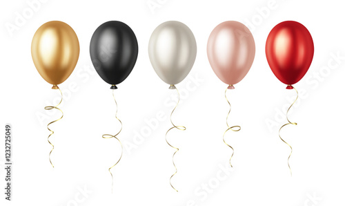 Set of Realistic 3D Red Pink Silver Rose Gold Black Party Event Balloons Isolated on White Background
