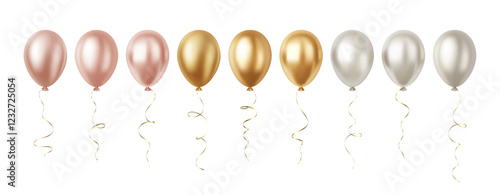 Set of Realistic 3D Rose Gold Silver Party Event Balloons Isolated on White Background