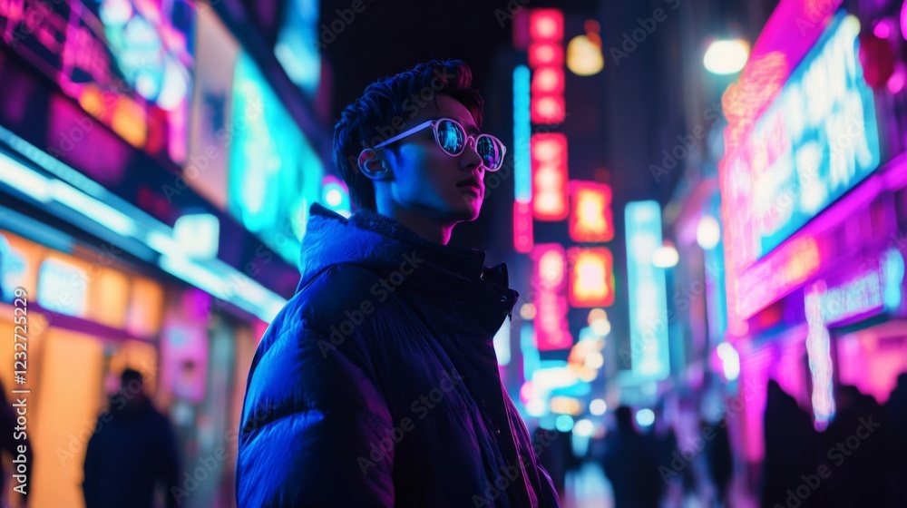 Young Man in Neon City at Night Young Man in Neon City at Night