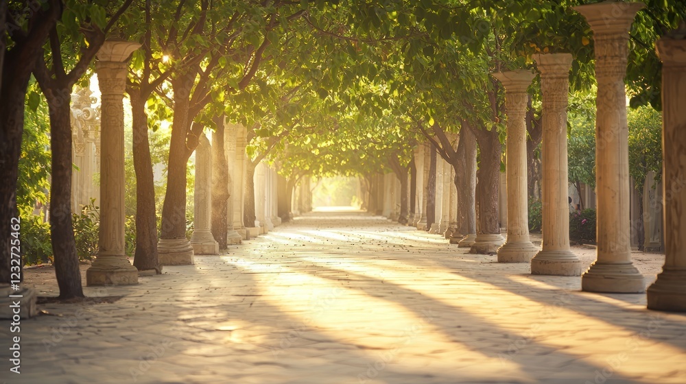 Obraz premium Sunlit Path: An Enchanting Walkway through a Colonnade of Trees