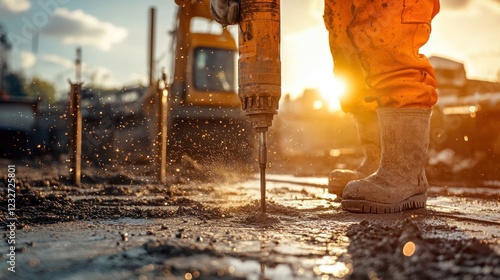 Construction Worker Using Jackhammer at Sunset