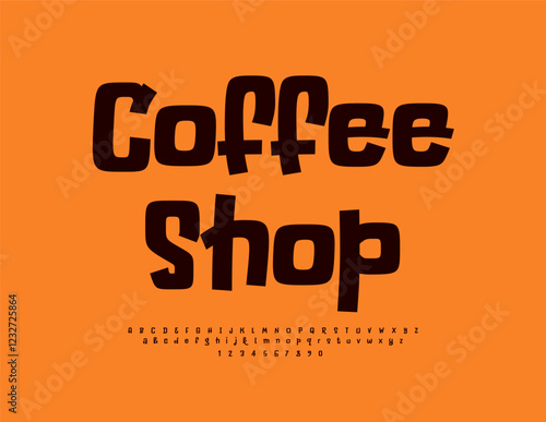 Vector Creative advertisement Coffee Shop. Comic Brown Font. Bright Playful Alphabet Letters and Numbers set.