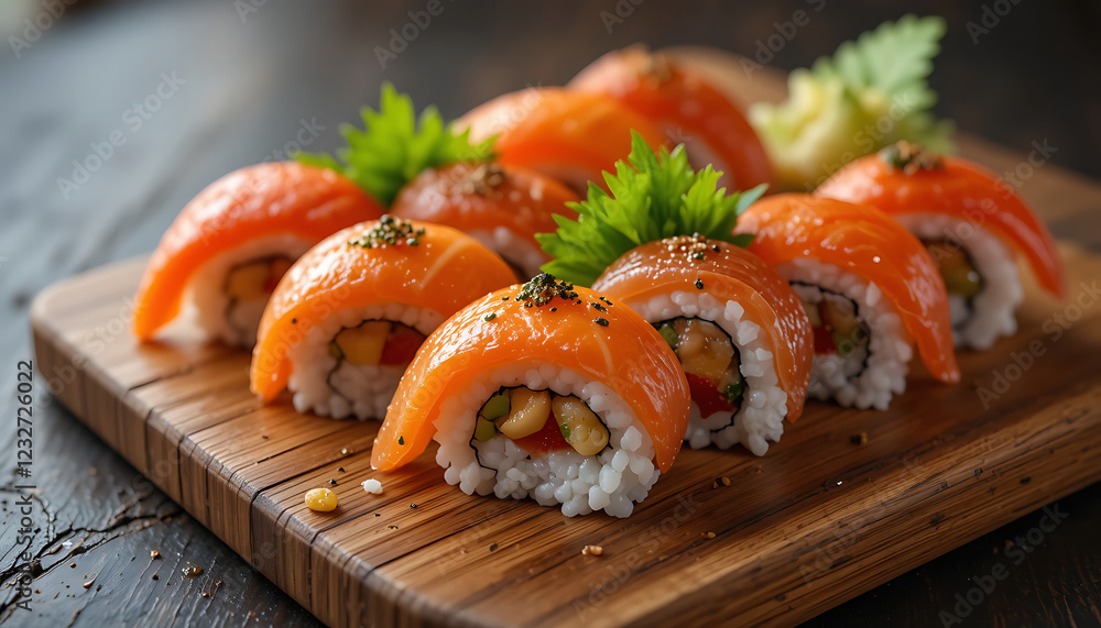 Beautifully plated sushi on a wooden board Beautifully plated sushi on a wooden board