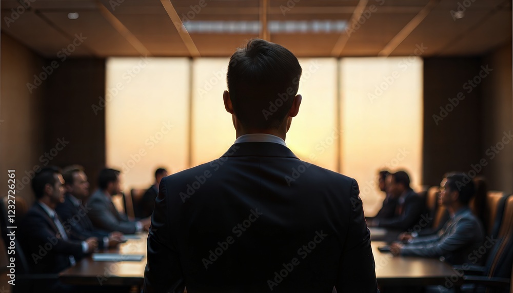 A businessman stands before a boardroom, silhouetted against a sunset, symbolizing leadership and corporate vision. A businessman stands before a boardroom, silhouetted against a sunset, symbolizing leadership and corporate vision.