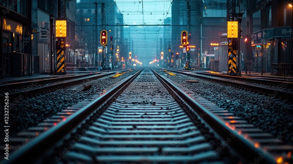 Obraz premium City train tracks, misty dawn, urban commute, travel