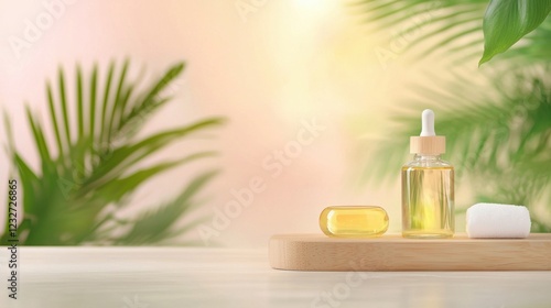 Amber glass bottle of oil with dropper, yellow capsule, and white washcloth on light wooden board. Soft light, tropical leaf background. Product shot for skincare or wellness.
