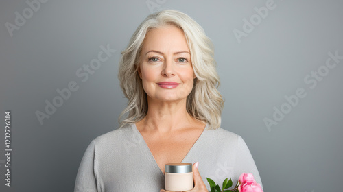 Fototapeta Naklejka Na Ścianę i Meble -  Portrait of a mature woman with shoulder length wavy gray hair, wearing a patterned top, holding a jar and a pink rose against a gray background. Soft lighting enhances her calm expression.