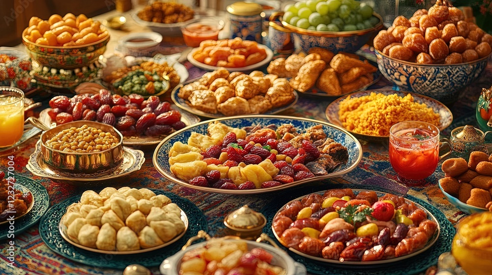 Obraz premium Islamic festival food spread with dates, sweets, and tea, colorful and celebratory setup 