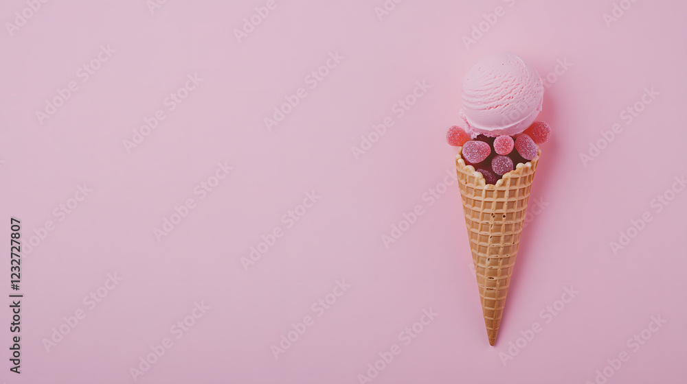 Ice cream cone with colorful gummy candies, set against a pastel pink background, creating a playful and sweet aesthetic.
Ice cream cone with colorful gummy candies, set against a pastel pink background, creating a playful and sweet aesthetic.