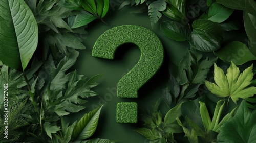 Green question mark on a background of leaves, symbolizing environmental questions and mysteries.