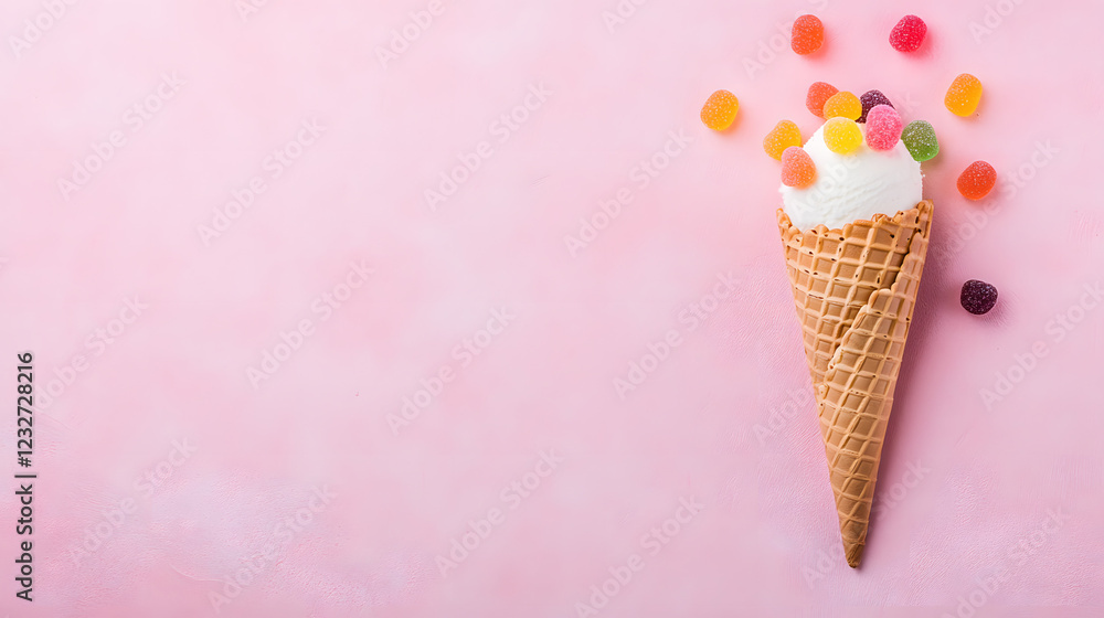 Ice cream cone with colorful gummy candies, set against a pastel pink background, creating a playful and sweet aesthetic.
Ice cream cone with colorful gummy candies, set against a pastel pink background, creating a playful and sweet aesthetic.
