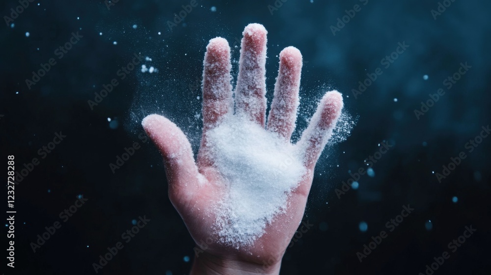 hand with white powder on a dark background