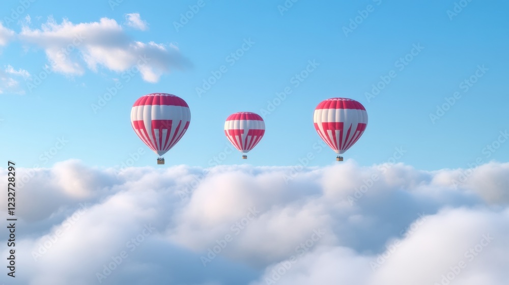 Fototapeta premium three hot air balloons float above the clouds on a sunny day