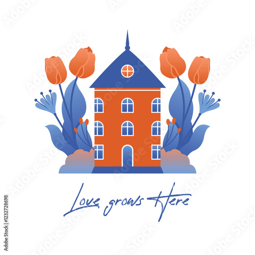 Love grows here. Village house among tulips, spring flowers, plants, leaves. Vector illustration with rural apartment to spring card, postcard, banner, sticker. Flat naive style. Cottagecore.	