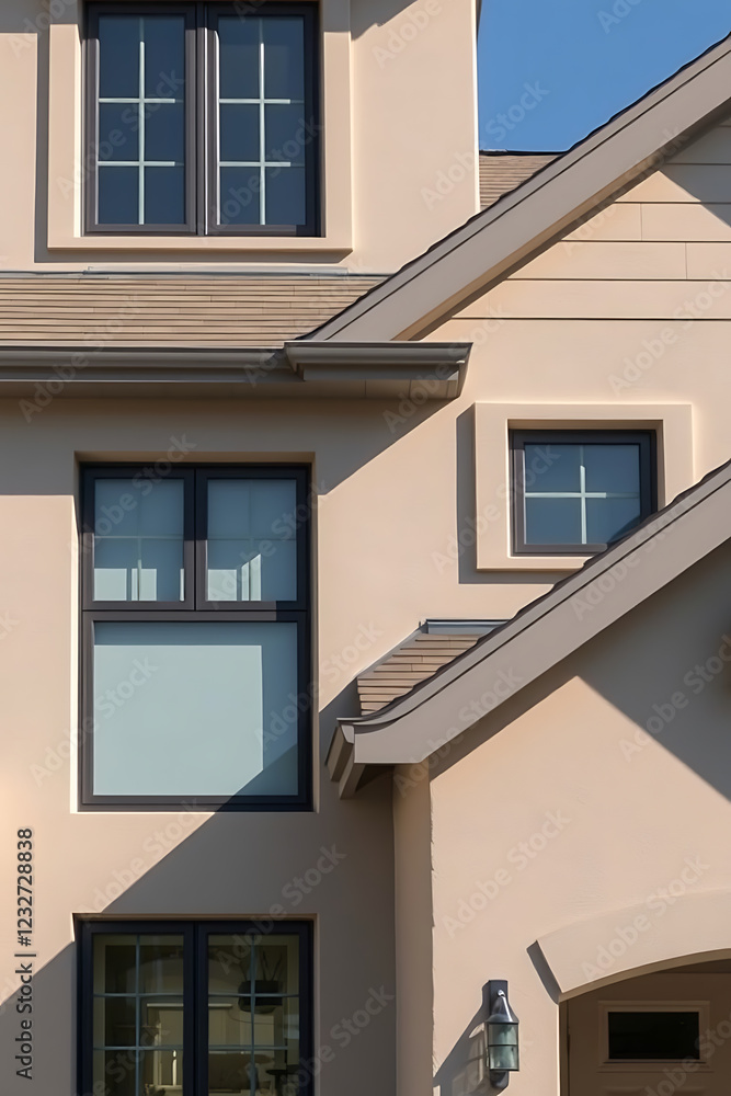 Modern House Exterior: Architectural Design and Details. Beige Stucco Walls, Dark Windows, and Stylish Rooflines. Captivating Home Showcase Modern House Exterior: Architectural Design and Details. Beige Stucco Walls, Dark Windows, and Stylish Rooflines. Captivating Home Showcase