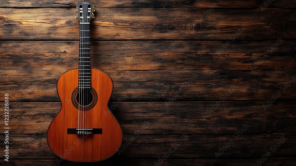 Obraz premium Classical guitar on rustic wood background, copy space