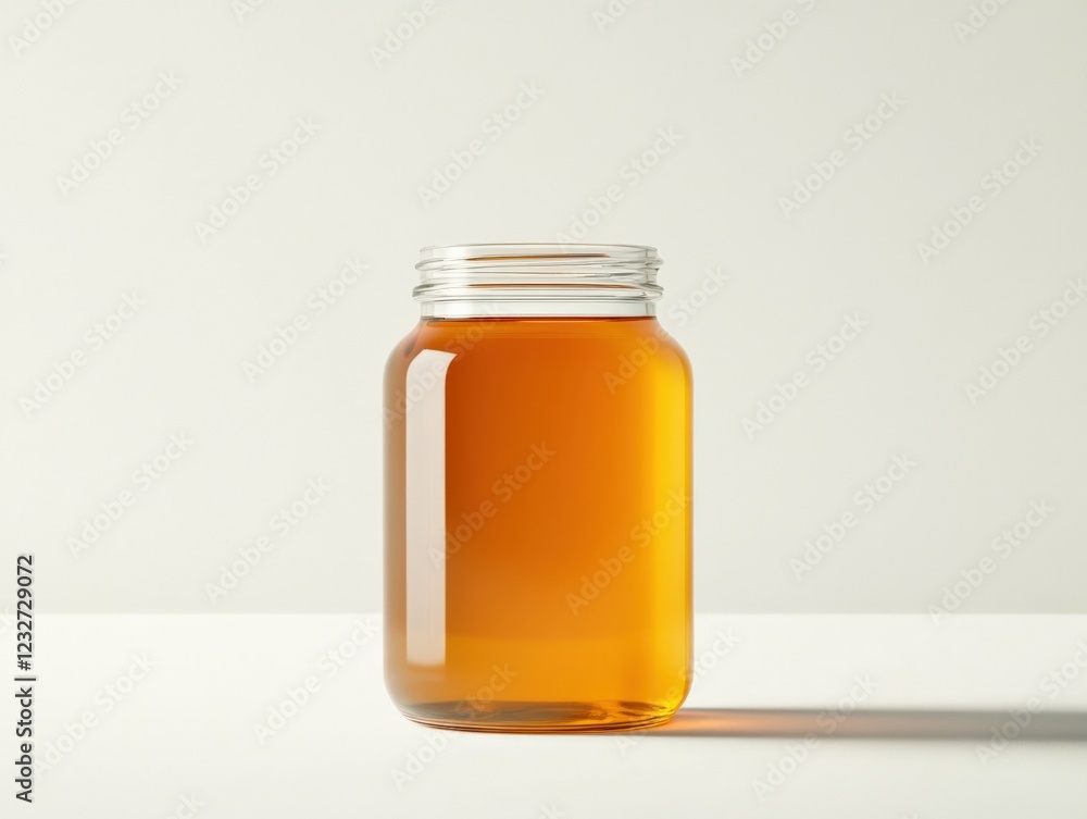 glass jar of golden honey or maple syrup on white background glass jar of golden honey or maple syrup on white background