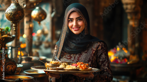 A smiling woman in a black hijab traditional clothing holds a tray of Middle Eastern dishes in ornate setting, surrounded by decorative lanterns and warm lighting, symbolizing hospitality and culture