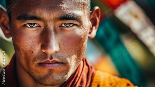 Close-up of a monkÃÂ¢ÃÂÃÂs intense gaze, focused during a moment of contemplation, with prayer flags gently swaying in the background photo