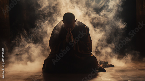 A monk bowing his head in reverence, the folds of his robe falling gracefully, with incense smoke swirling around him
