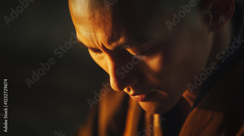 Close-up of a monkÃÂ¢ÃÂÃÂs peaceful face, his shaved head reflecting soft light, as he chants mantras with a serene expression photo