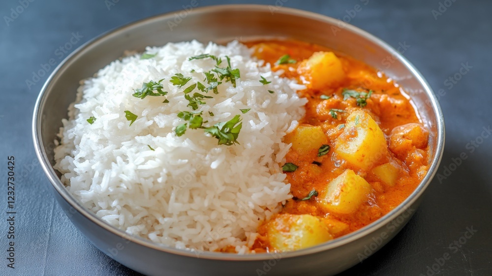 delicious indian curry with potatoes and rice served in a bowl delicious indian curry with potatoes and rice served in a bowl
