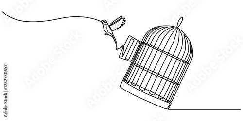 bird released from birdcage continuous one line drawing, Bird released from birdcage in continuous line art drawing style. Bird flying away from open cage, 