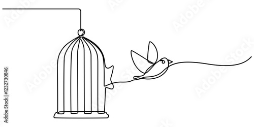 bird released from birdcage continuous one line drawing, Bird released from birdcage in continuous line art drawing style. Bird flying away from open cage, 