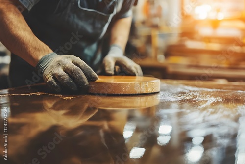 Craftsman s Hands Sanding Wooden Surface with Polishing Tool in Workshop photo