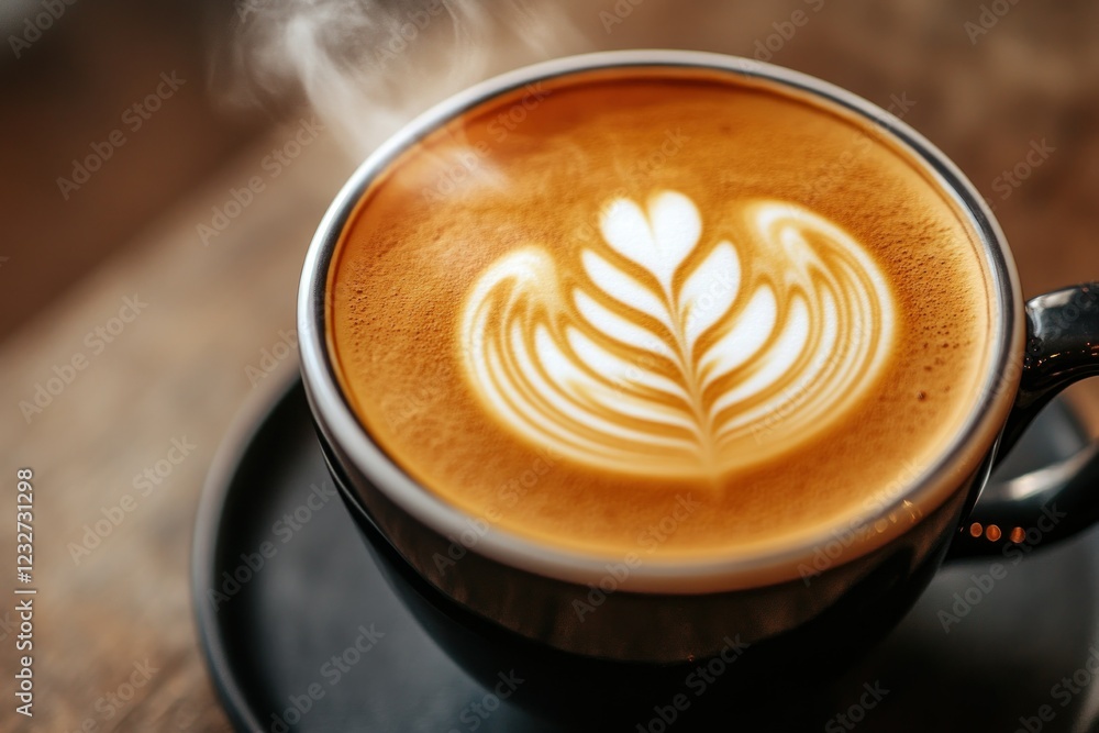 Creamy Latte with Beautiful Milk Foam Design in Black Coffee Cup Creamy Latte with Beautiful Milk Foam Design in Black Coffee Cup