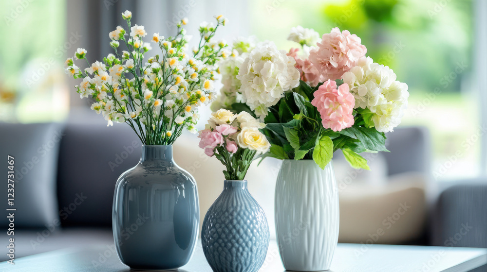 Fototapeta premium Vase decorate plants flowers rainy season green room hotel fresh interior beautiful wood tree floral wooden table office nature beadroom 