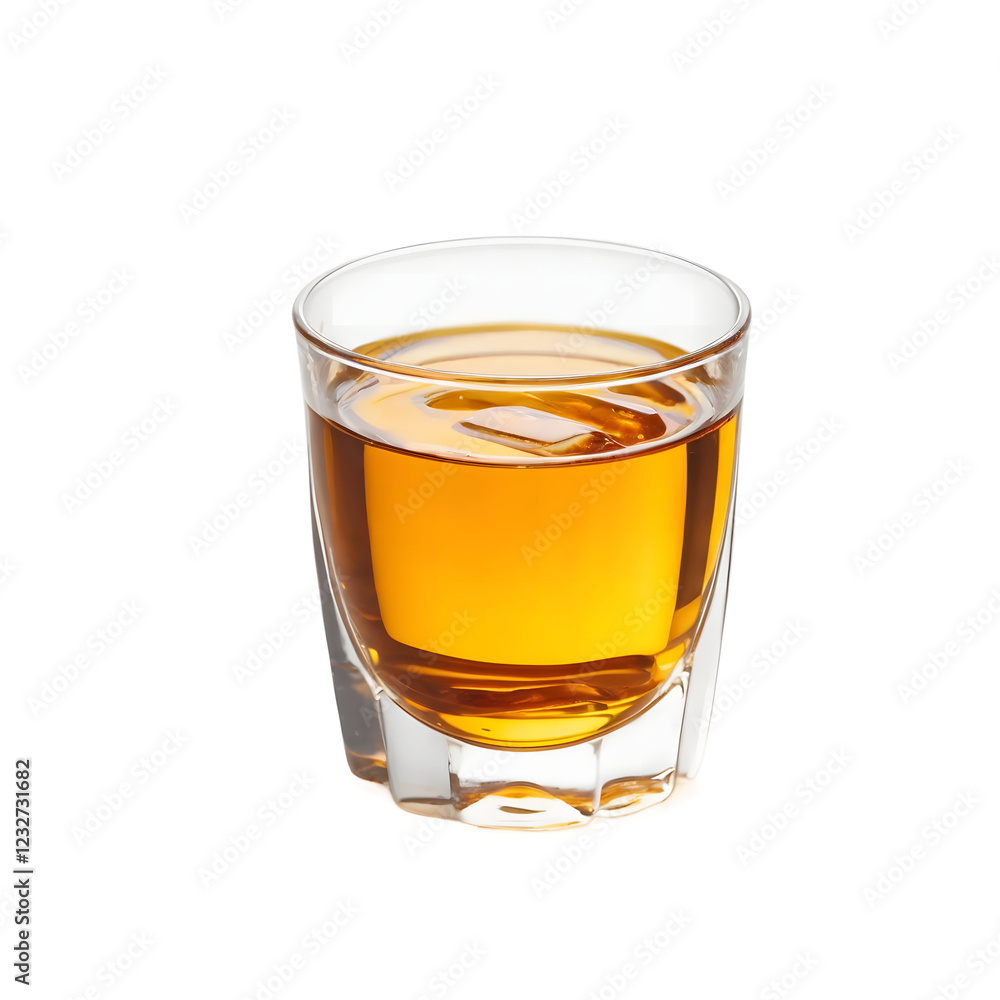 Close up of a shot glass filled with amber liquid and ice. Close up of a shot glass filled with amber liquid and ice.