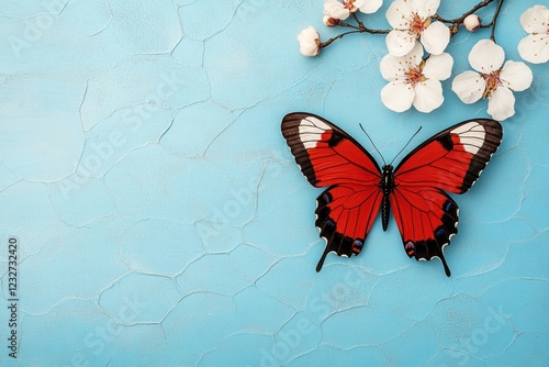 Springtime Bliss: Top View of Butterfly and Blossoms on Turquoise Blue Background, Perfect for Nature Background or Frame photo