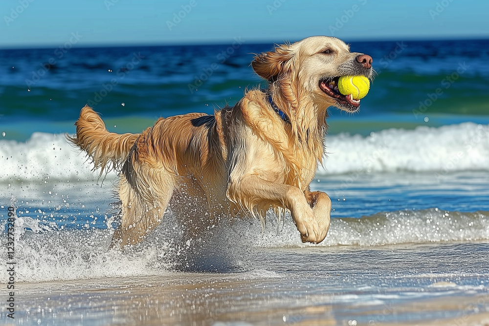 Playful Golden Retriever Splashing Through Shoreline Waters with Tennis Ball Playful Golden Retriever Splashing Through Shoreline Waters with Tennis Ball