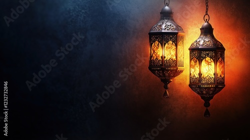 Ornate lanterns glow against a textured backdrop.