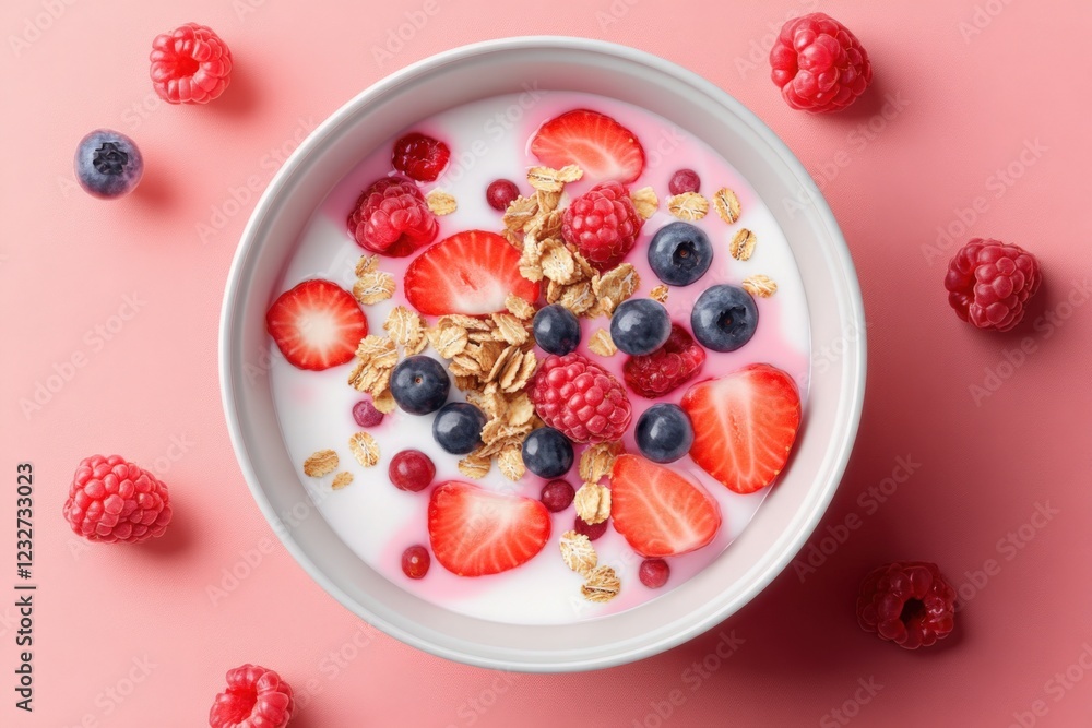 top view of yogurt bowl with fresh berries and granola
