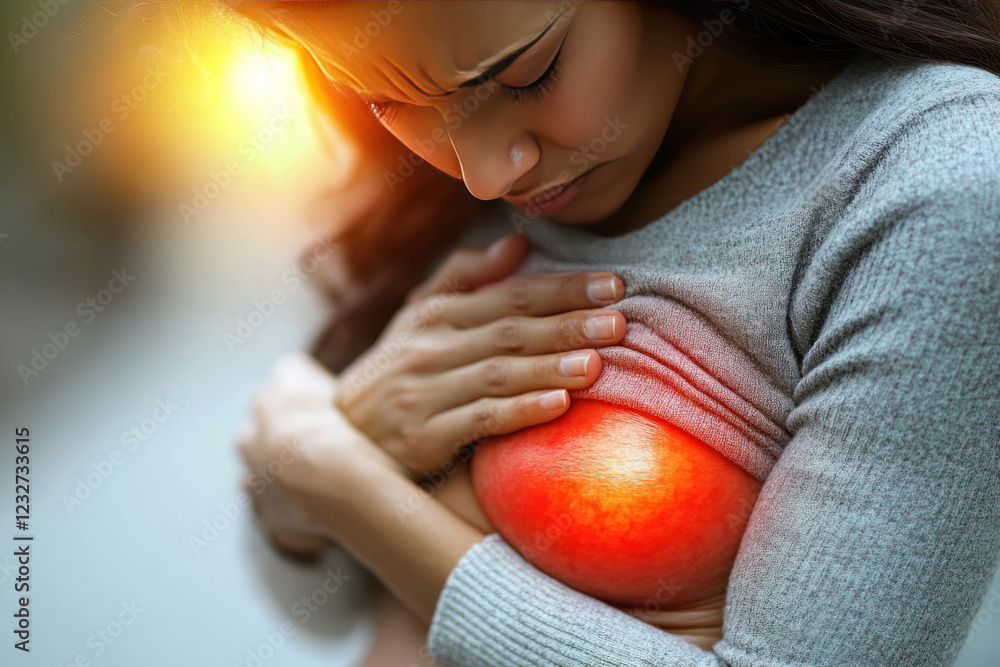 a woman experiencing severe pain in her chest area. She is clutching her chest with her hands and her face is showing a grimace of pain.