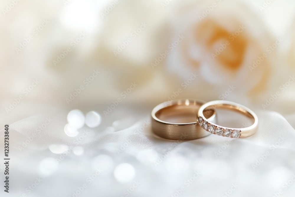 Elegant Wedding Bands Close-Up with Floral Background and Bokeh Elegant Wedding Bands Close-Up with Floral Background and Bokeh