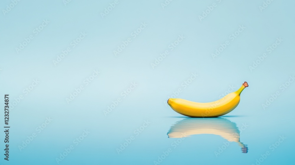 a single ripe banana floats on a tranquil light blue background with reflection a single ripe banana floats on a tranquil light blue background with reflection