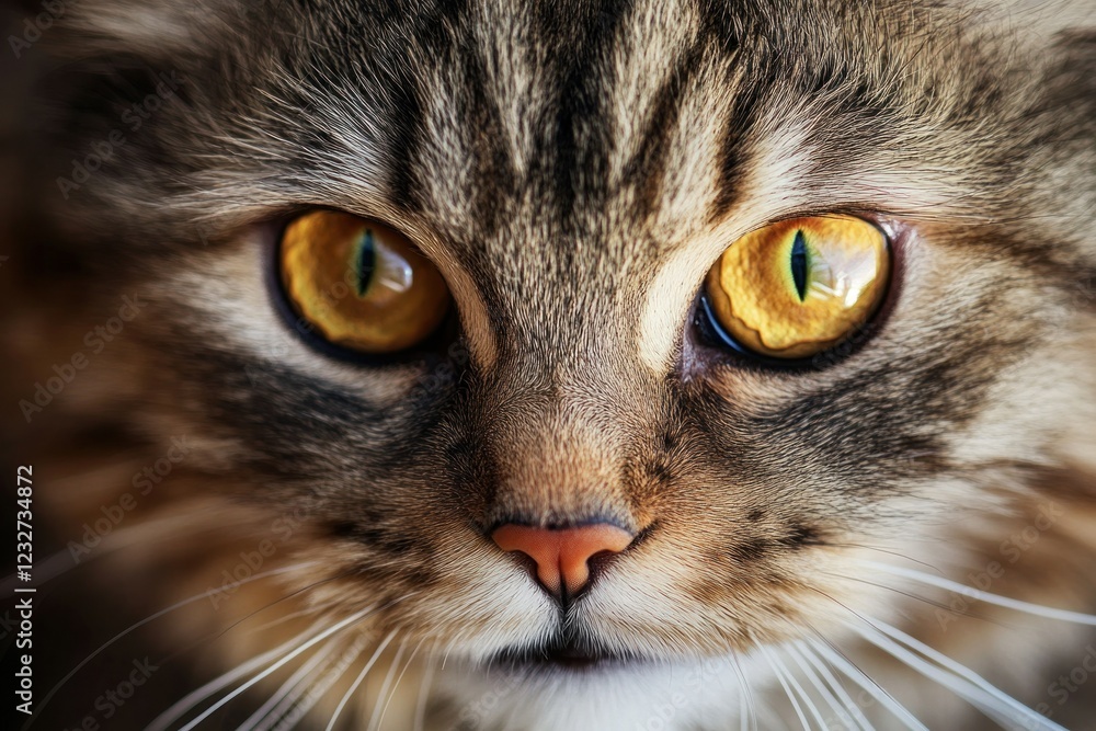 Close-Up of a Domestic Cat with Striking Yellow Eyes and Fur Close-Up of a Domestic Cat with Striking Yellow Eyes and Fur