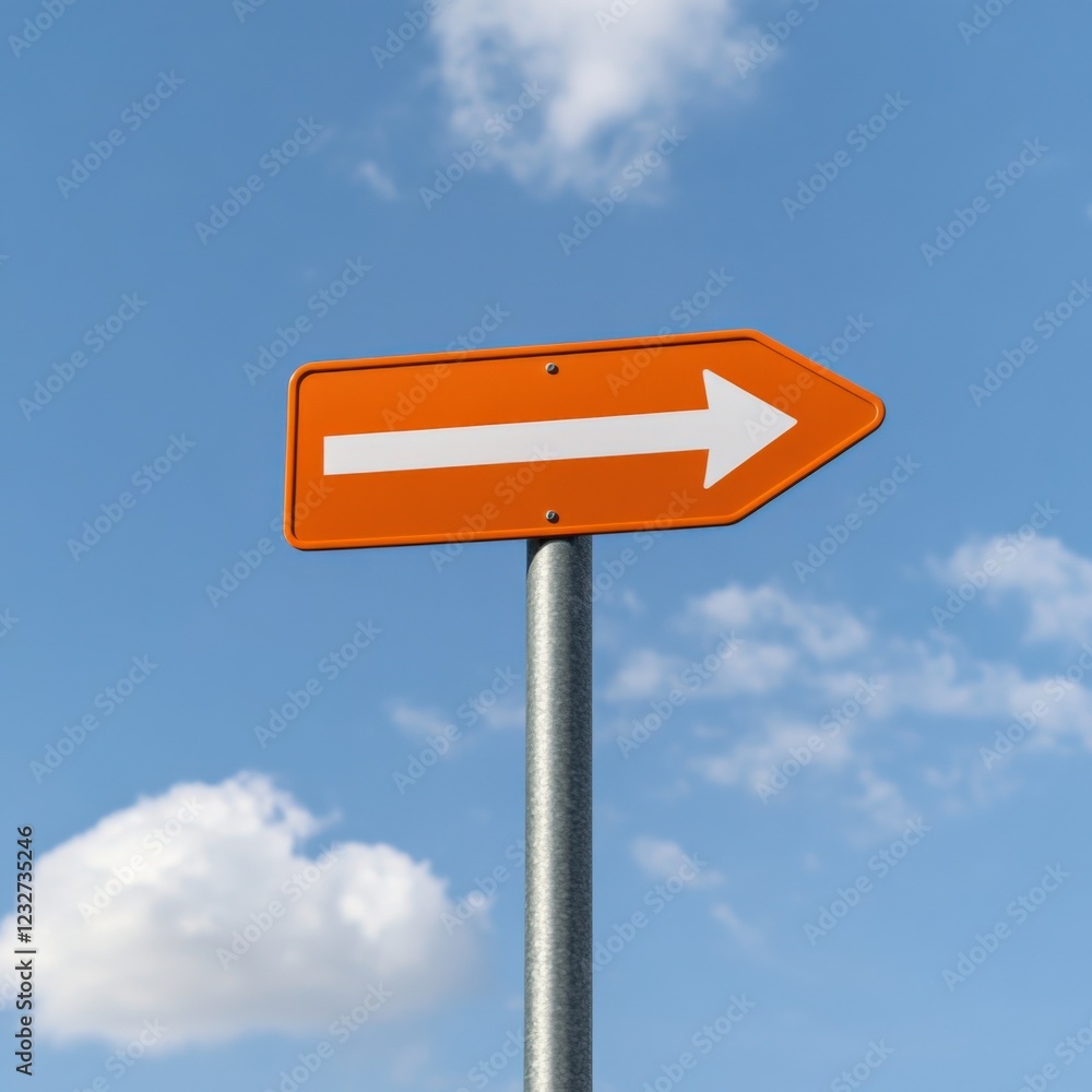 orange right arrow road sign against a blue sky with white clouds orange right arrow road sign against a blue sky with white clouds