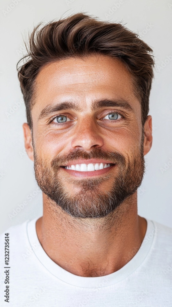 Fototapeta premium Portrait of a smiling man with freckles and light brown hair, wearing a plain white shirt against a neutral background. The image is well lit and shows a natural, friendly expression.
