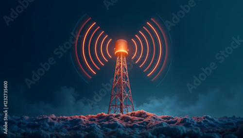 Abstract depiction of radio waves emanating from a radio tower, digital background, symbolizing connectivity and communication