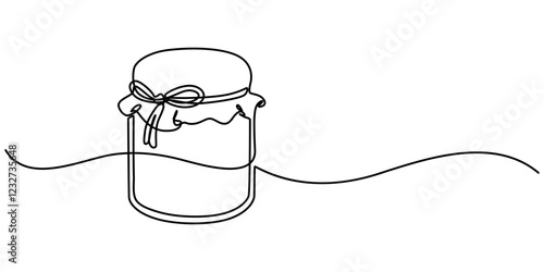 Glass canning jar in continuous line art drawing style. Food preserve. Minimalist black linear sketch on white background. Vector illustration, Jar of honey one line continuous. Line art jar of jam. 