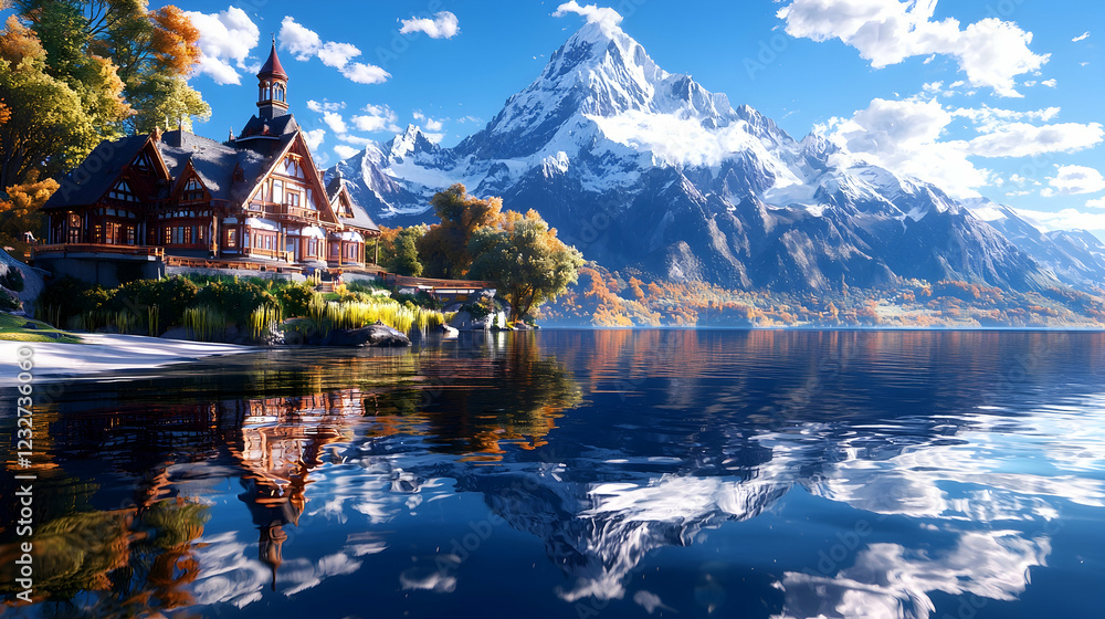 Fototapeta premium Lakeside chalet autumn mountain view reflection