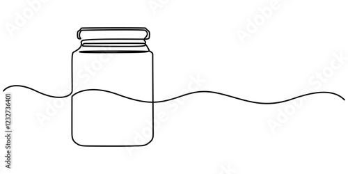 Glass canning jar in continuous line art drawing style. Food preserve. Minimalist black linear sketch on white background. Vector illustration, Jar of honey one line continuous. Line art jar of jam. 
